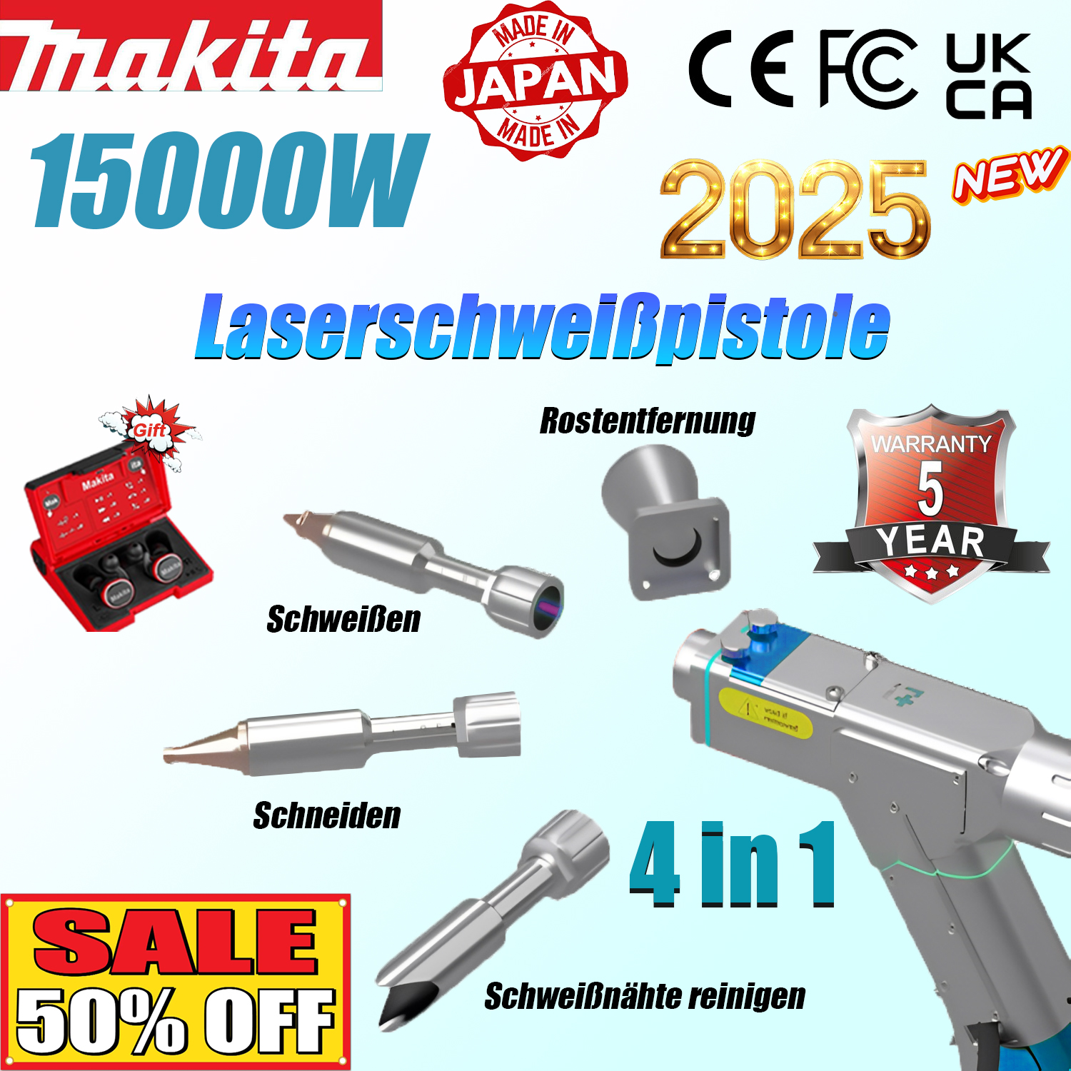 ▲15000 W [Vier-in-Eins]: Schweißen + Reinigen + Schneiden + Rostentfernung (Geschwindigkeit 30 m/min, Dicke 0–40 mm) 